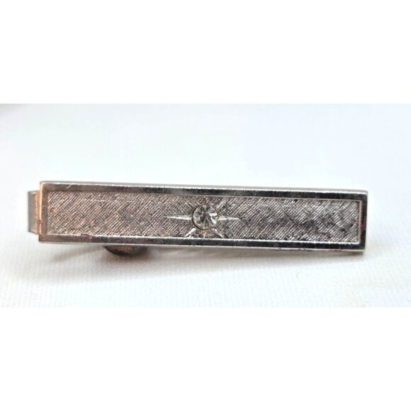 Silver Tone Tie Bar Clip With Single Rhinestone Accent - Picture 3 of 3